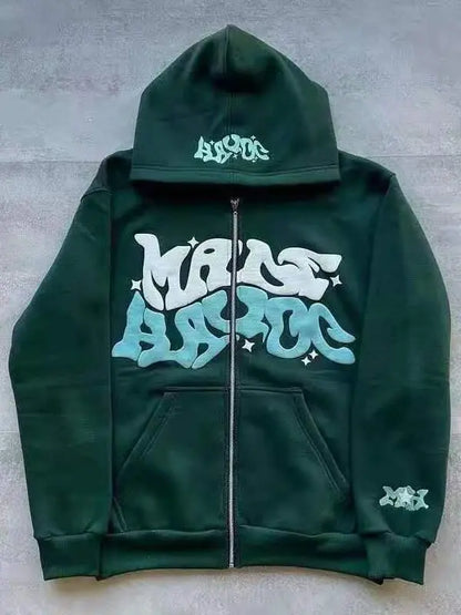 Retro Star and Letter Printed Zipper Hoodies 2025 Spring Autumn Harajuku Y2K Women and Men Fashion Hip Hop Long Sleeve Hooded
