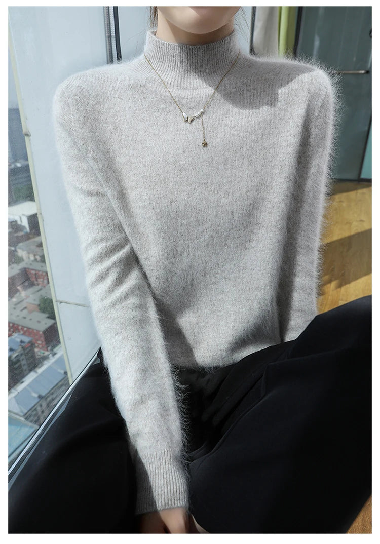 100% Pure Mink Cashmere Knitted Sweater Women's Semi-High Neck Loose Pullovers Casual Joker Warm Bottoming Shirt Autumn Blouse