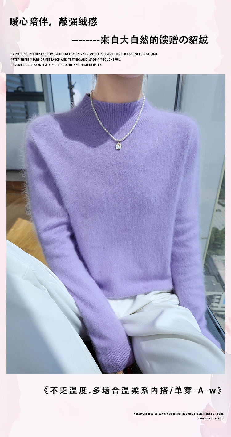 100% Pure Mink Cashmere Knitted Sweater Women's Semi-High Neck Loose Pullovers Casual Joker Warm Bottoming Shirt Autumn Blouse