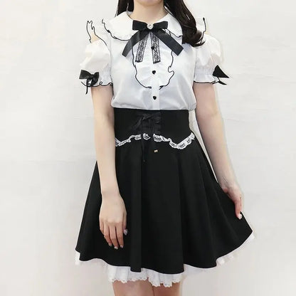 Sweet Lolita Fashion All Match Blouses Women Japanese Summer Y2k Aesthetic Ruffled Bow Shirts Girly Kawaii Patchwork Tops Blusas