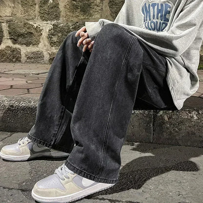 New Streetwear Loose Jeans Men Korean Style Fashion Loose Straight Wide Leg Pants Men's Brand Clothing Black Light Blue