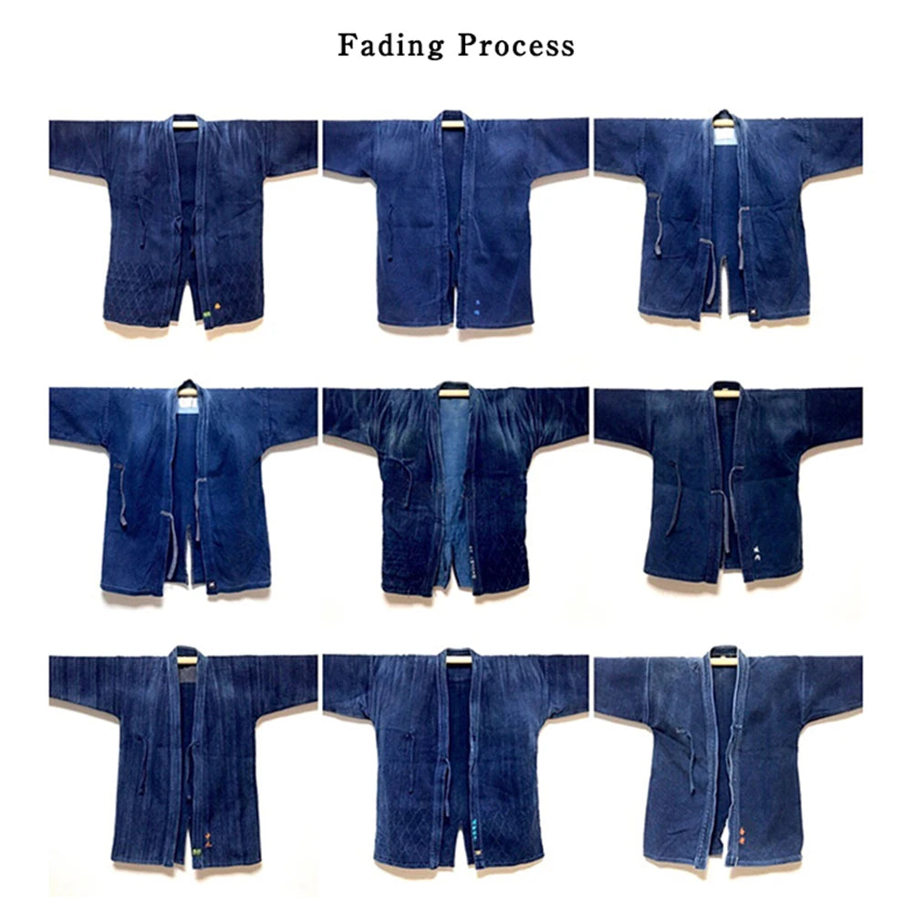 Indigo Cargo Jacket Men Vintage Heavy Weight Cotton Blue Dyed Workwear Tooling Jacket French Retro Multi-pocket Cardigan Coat