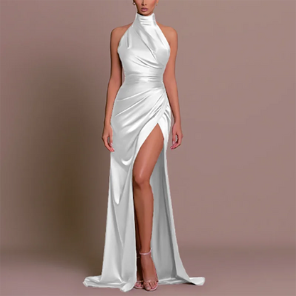 Summer New Half High Collar Halter Dress Elegant Slim Sleeveless Satin Evening Dress Chic Solid High Split Pleated Banquet Dress