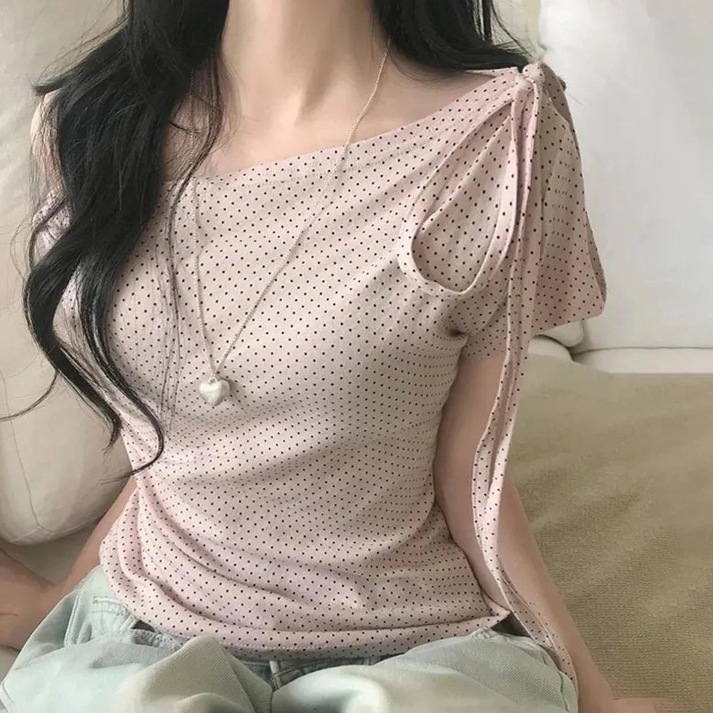 Fashion Polka Dot Prints Slim Fit Folds Women T-Shirts Sweet Cute Chic Design One-Shoulder Summer Shirts