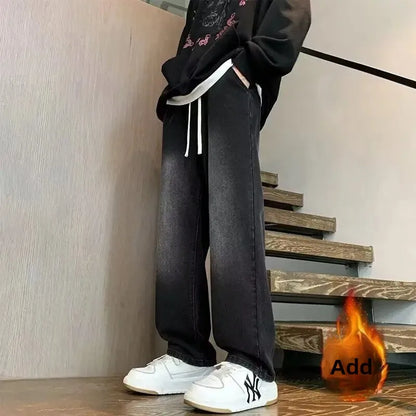 Trendy Black Straight Leg Jeans Men's Autumn Winter Loose Fit High Street Wide Leg Pants Casual Style plus Size Jeans