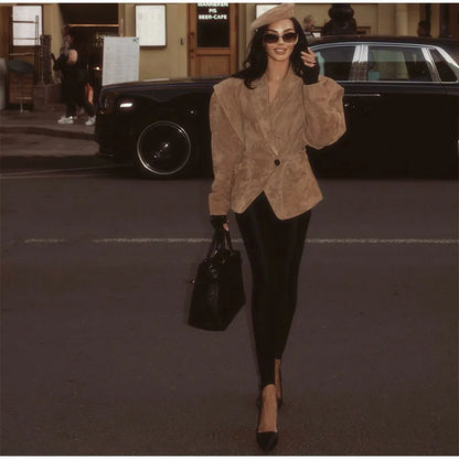 Single Breasted Buckle Casual Suede Jacket Women Chic Shoulder Pad Full Sleeve Lapel Slim Coat Autumn Lady New Highstreet Wear
