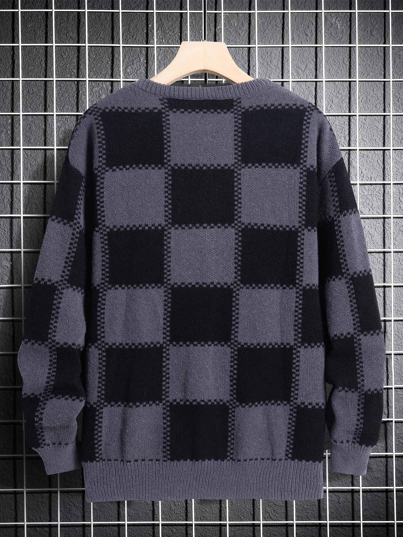 Retro Trendy Plaid Jacquard Pattern Pullover Sweater Casual Round Neck Color-Block Knit Men's Pullover