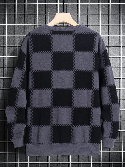 Retro Trendy Plaid Jacquard Pattern Pullover Sweater Casual Round Neck Color-Block Knit Men's Pullover