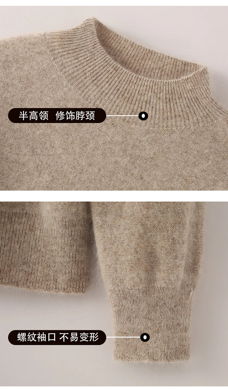 100% Pure Mink Cashmere Knitted Sweater Women's Semi-High Neck Loose Pullovers Casual Joker Warm Bottoming Shirt Autumn Blouse
