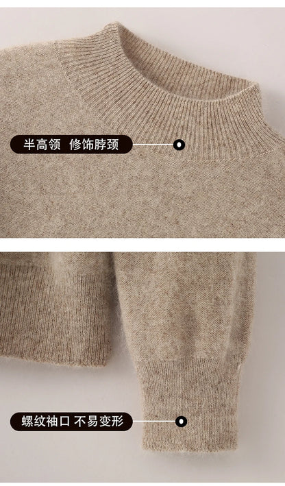 100% Pure Mink Cashmere Knitted Sweater Women's Semi-High Neck Loose Pullovers Casual Joker Warm Bottoming Shirt Autumn Blouse
