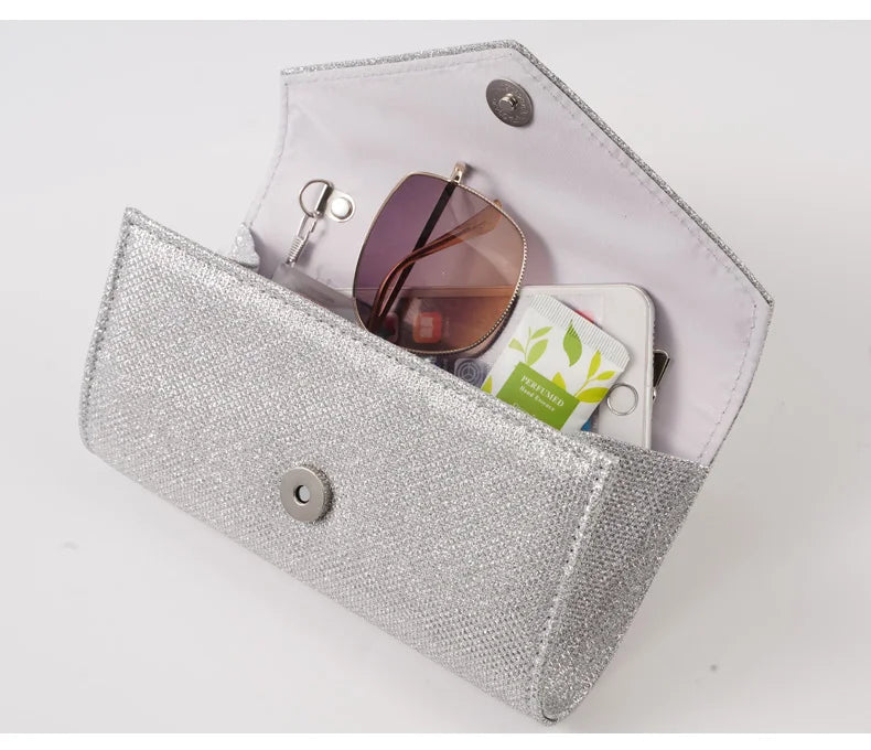 Glitter Envelope Handbag Women Silver Shiny Chain Shoulder Bag Ladies Mini Crossbody Flap Fashion Small Dress Day Clutch