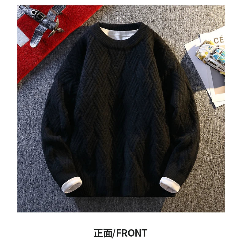 Knit Sweater Men Cable Pullover New Autumn Winter Diamond Pattern Loose Fit Solid Fashion Casual Streetwear Crew Neck Sweaters