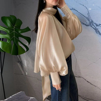 Ele Women's irt Design Spring Season Sa  Knot Chiffon Lantern Sve Top French Sle Loose Fit Long Sve