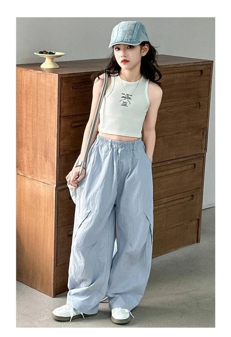 RAISE Summer Children Girls Trousers 3-14Yrs Kids Girls Suspenders Long Pants Thin Casual Versatile Juniot Girls Overalls Pants