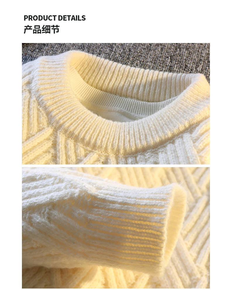 Knit Sweater Men Cable Pullover New Autumn Winter Diamond Pattern Loose Fit Solid Fashion Casual Streetwear Crew Neck Sweaters