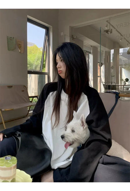 Casual Oversized T Shirt Y2k Tops Harajuku Long Sleeve O-Neck T-Shirts Spring Autumn Black White Patchwork Tees Women Streetwear