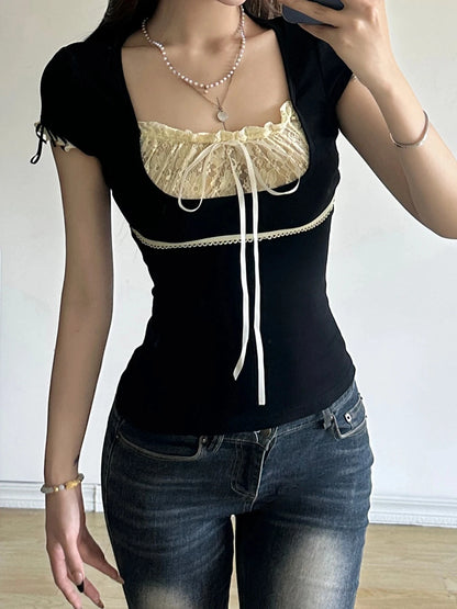 Y2k Lace Trim Crop Top Bow Cute Sweet Square Neck Tee Short Sleeve Harajuku Casual T Shirt Women Prepply Retro Korean Top Summer