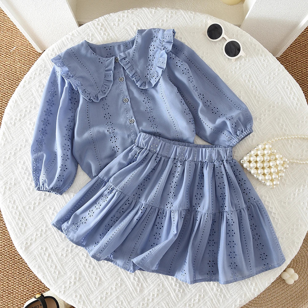 Bear Leader Blue Embroidered Flower Kids Clothes Girls Autumn Long Sleeved Lapel Single Breasted Shirt Top+Short Skirt 2Pcs Set