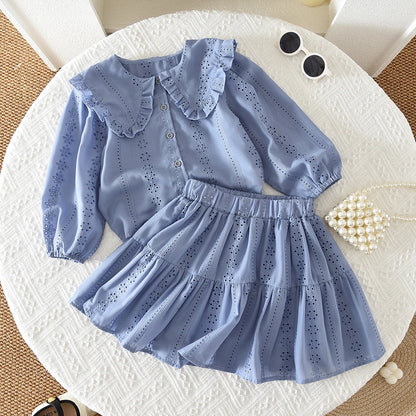 Bear Leader Blue Embroidered Flower Kids Clothes Girls Autumn Long Sleeved Lapel Single Breasted Shirt Top+Short Skirt 2Pcs Set