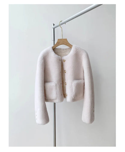 Woman Genuine Sheepskin Jackets Coat Female Winter Shearling Coats Real Lamb Fur O-neck Natural  Outewear  Overcoat G152