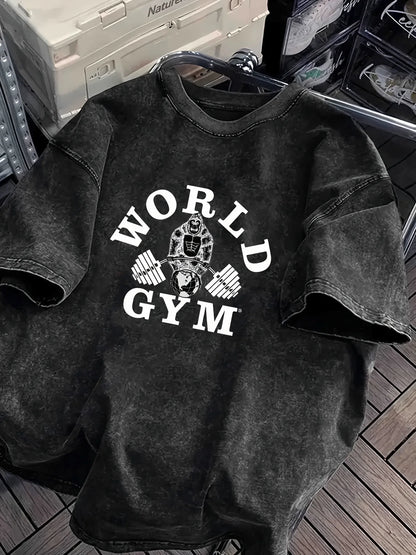 Washed Trendy Retro Gym Print 100% Cotton Men Women T-shirt Summer Autumn Daily Outdoor Sports Casual Loose Street Short Sleeve