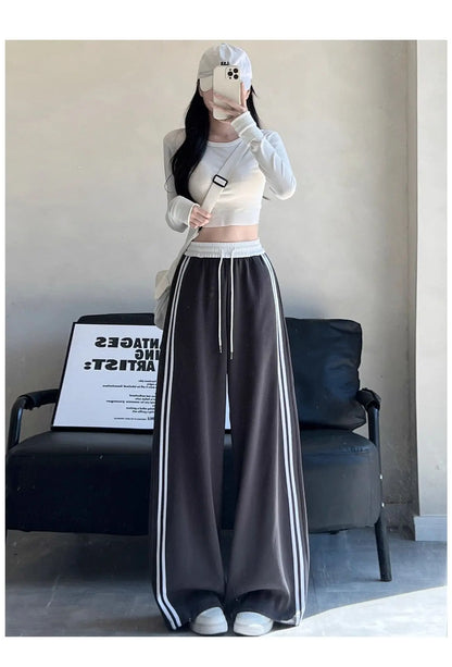 High Waist Wide Leg Pants Women's Spring Autumn New Style Loose American Knife Edge Sports Trousers Color Block Striped