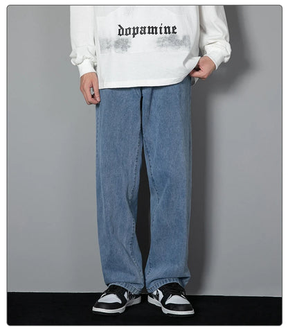 2026 New Korean Men's Casual Long Jeans Classic Man Straight Denim Wide-leg Pants Solid Color Light Blue Grey Black