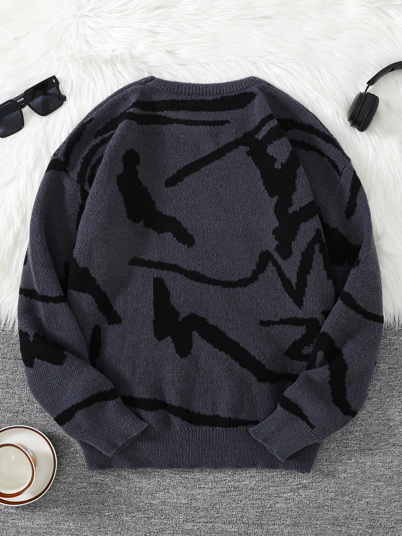 New Popular Spring Autumn Graffiti Jacquard Pattern Pullover Sweater Casual Round Neck Contrast Color Knitted Men's Pullover