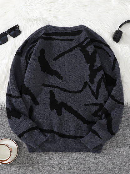 New Popular Spring Autumn Graffiti Jacquard Pattern Pullover Sweater Casual Round Neck Contrast Color Knitted Men's Pullover