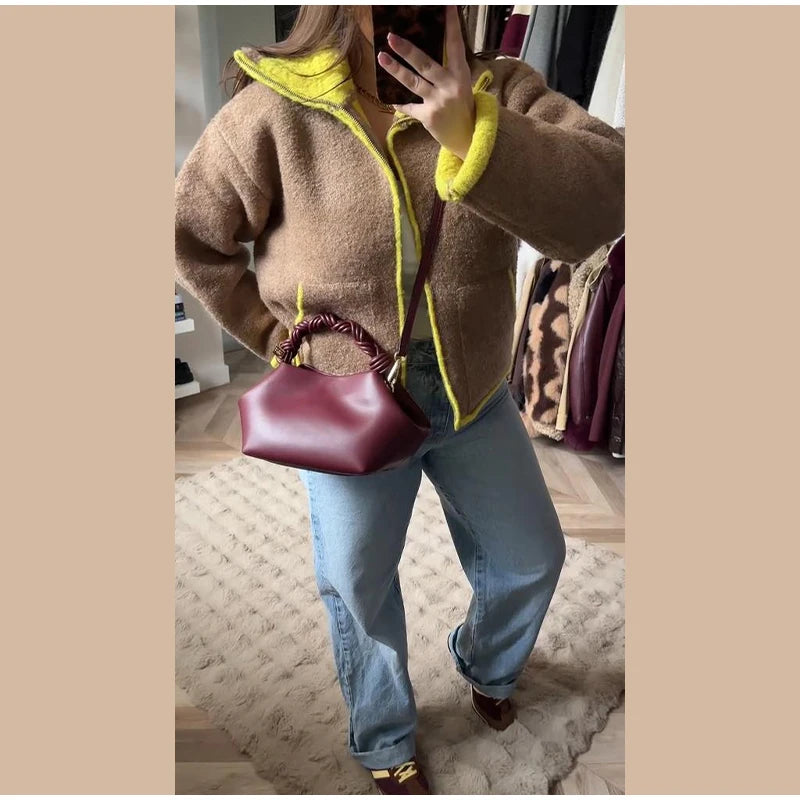 Patchwork Knit Women's Cardigan Coat Lapel Zipper Pockets Full Sleeve Sweater For Woman Autumn Winter Lady Jacket Outerwear