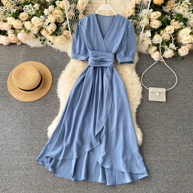 Women's Dress Spring New Temperament V-neck Solid Color Bubble Short-sleeved Irregular Ruffle Edge Lacing Dress Leisure Vestidos