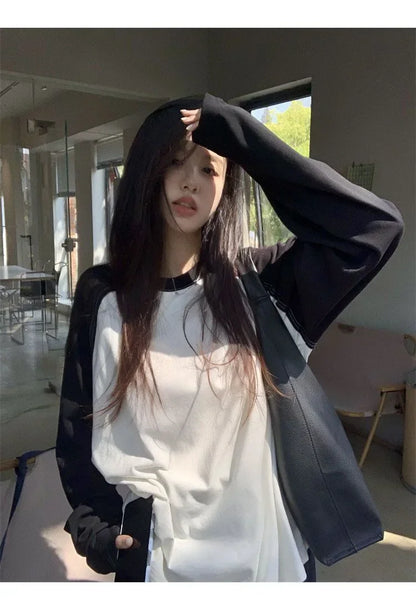 Casual Oversized T Shirt Y2k Tops Harajuku Long Sleeve O-Neck T-Shirts Spring Autumn Black White Patchwork Tees Women Streetwear