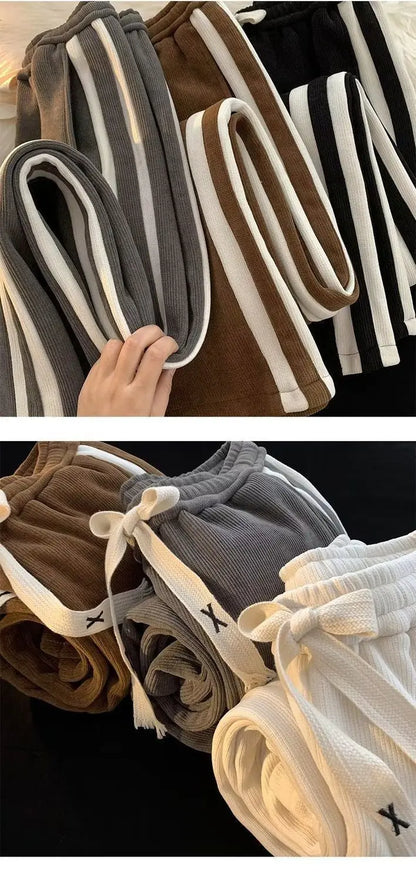 Thickened Fleece Corduroy Pants High Waist Loose Straight Leg Striped High School Students Autumn Winter Fashion Brand Teenag...