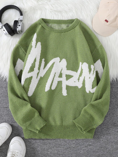 New Popular Spring Autumn Graffiti Jacquard Pattern Pullover Sweater Casual Round Neck Contrast Color Knitted Men's Pullover