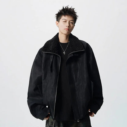WTHT Fashion Men‘s Plush Spliced Thicken Design Loose Coats Trendy 2025 Autumn Solid Color Laple Casual Jackets Male 2A2218