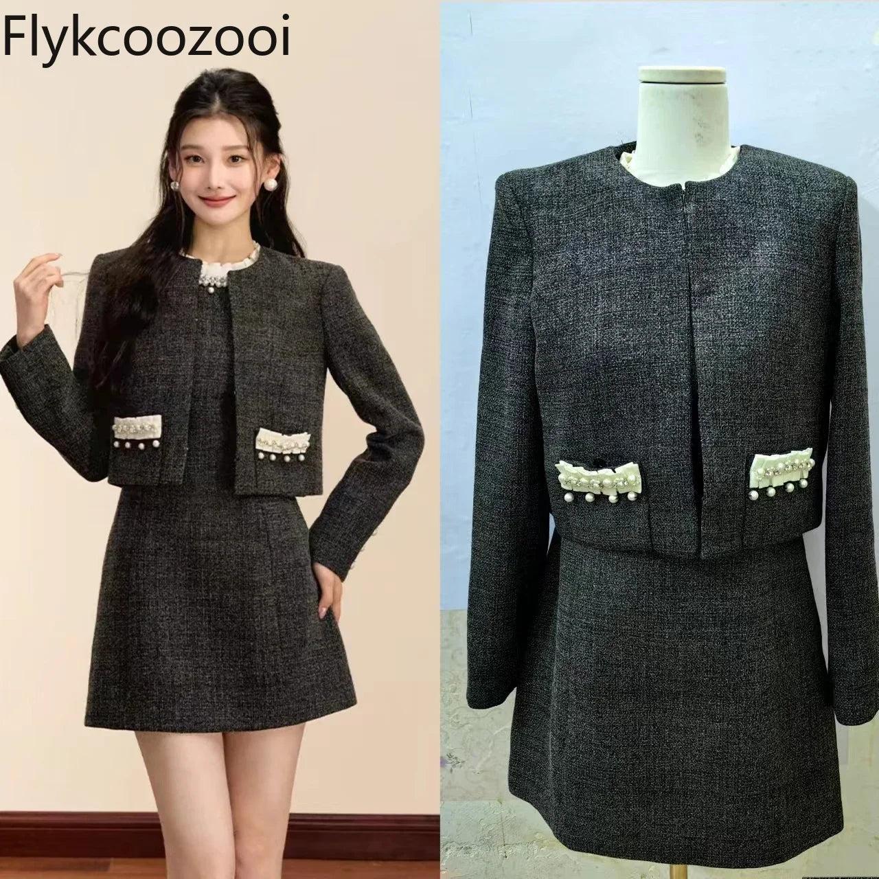 Fashion Design Nail Beads Sleeveless Dress Women 2024 New Autumn Short A-line Skirt Coat Set Women Commit Sexy Two Piece