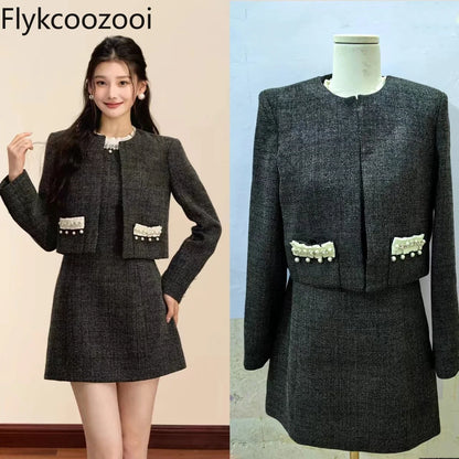 Fashion Design Nail Beads Sleeveless Dress Women 2024 New Autumn Short A-line Skirt Coat Set Women Commit Sexy Two Piece