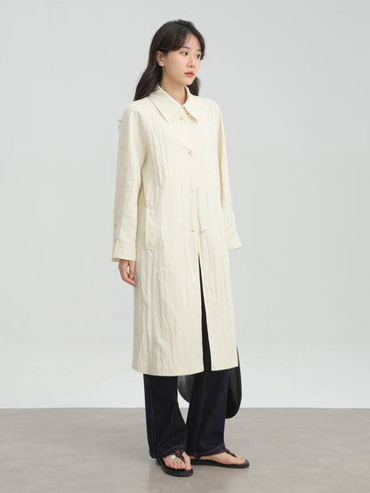 Wrinkled Double Cuff Belted Sleeve Trench Coat Women Loose Fit Lapel Collar Outerwear 2025 Casual Mid-Length Stylish Overcoat