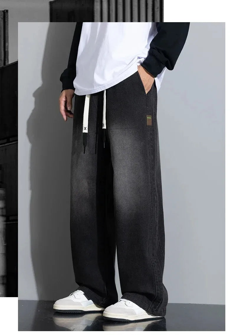 8XL New Wide Leg Washing Jean Pants Men Trousers Neutral Solid Color Loose Casual Straight Outdoor Fashion Plus Size Pants