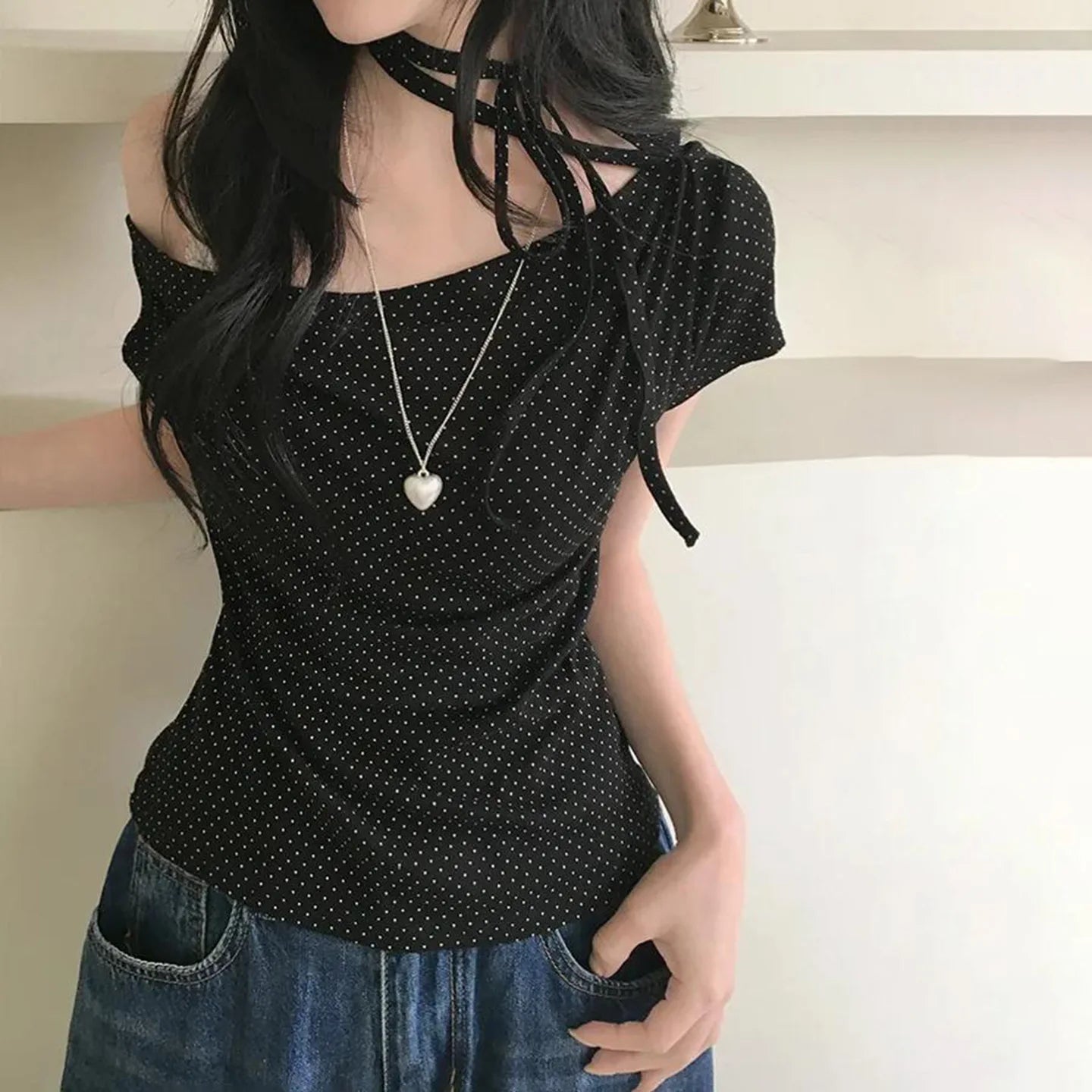Fashion Polka Dot Prints Slim Fit Folds Women T-Shirts Sweet Cute Chic Design One-Shoulder Summer Shirts