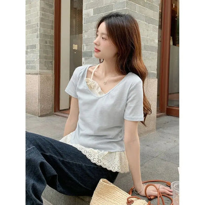 Sexy Off-shoulder Top for Women Versatile Summer Casual Fake Two-piece Waist-cinching Lace Spliced Short-sleeve T-shirt Trendy
