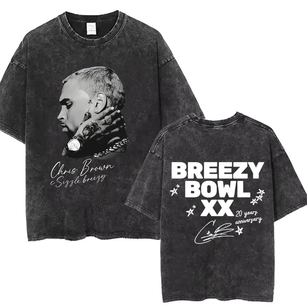 Vintage Washed Chris Brown Graphic T-shirt Breezy Bowl XX Tour 2025 Merch T Shirts Men Women Hip Hop Fashion Oversized T-shirts