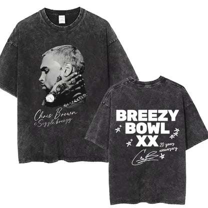 Vintage Washed Chris Brown Graphic T-shirt Breezy Bowl XX Tour 2025 Merch T Shirts Men Women Hip Hop Fashion Oversized T-shirts