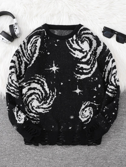 New Trendy Street Style Ripped Abstract Starry Sky Pattern Pullover Ripped Sweater Casual Crew Neck Knitted Men's Pullover