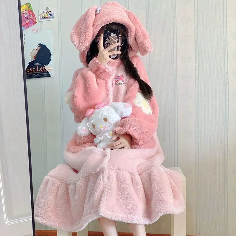 Miniso Kawaii Hellokitty Plush Robes Girls Cute Sanrio Anime Y2K Pajamas Hooded Blanket Casual Fleece Sleepwear Women Clothing