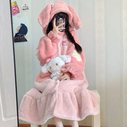Miniso Kawaii Hellokitty Plush Robes Girls Cute Sanrio Anime Y2K Pajamas Hooded Blanket Casual Fleece Sleepwear Women Clothing