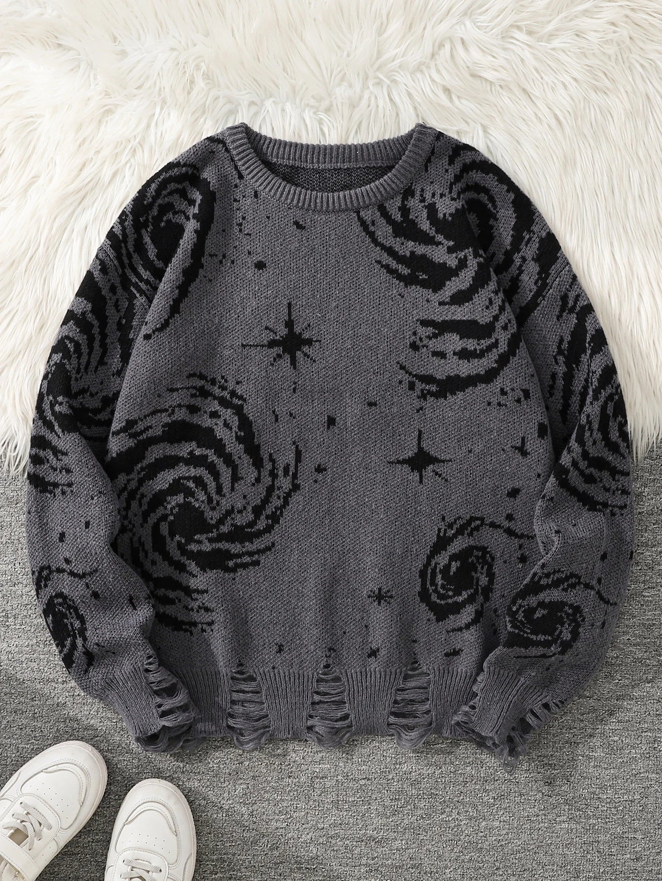 New Trendy Street Style Ripped Abstract Starry Sky Pattern Pullover Ripped Sweater Casual Crew Neck Knitted Men's Pullover