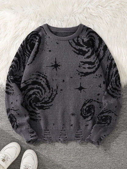 New Trendy Street Style Ripped Abstract Starry Sky Pattern Pullover Ripped Sweater Casual Crew Neck Knitted Men's Pullover