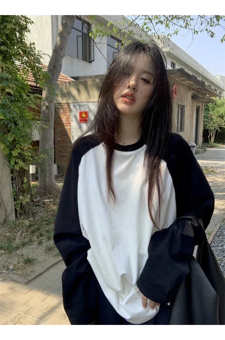 Casual Oversized T Shirt Y2k Tops Harajuku Long Sleeve O-Neck T-Shirts Spring Autumn Black White Patchwork Tees Women Streetwear