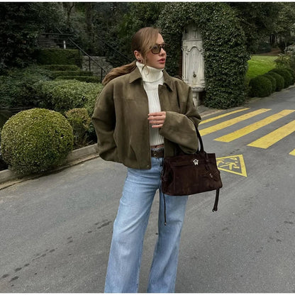 Single Breasted Buckle Casual Suede Jacket Women Chic Shoulder Pad Full Sleeve Lapel Slim Coat Autumn Lady New Highstreet Wear